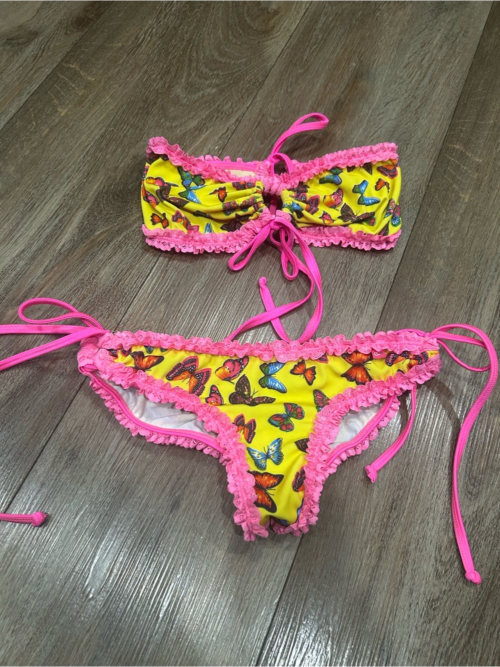 Chinna dolls Yellow Butterfly Print Bikini with Hot Pink Ruffle Trim